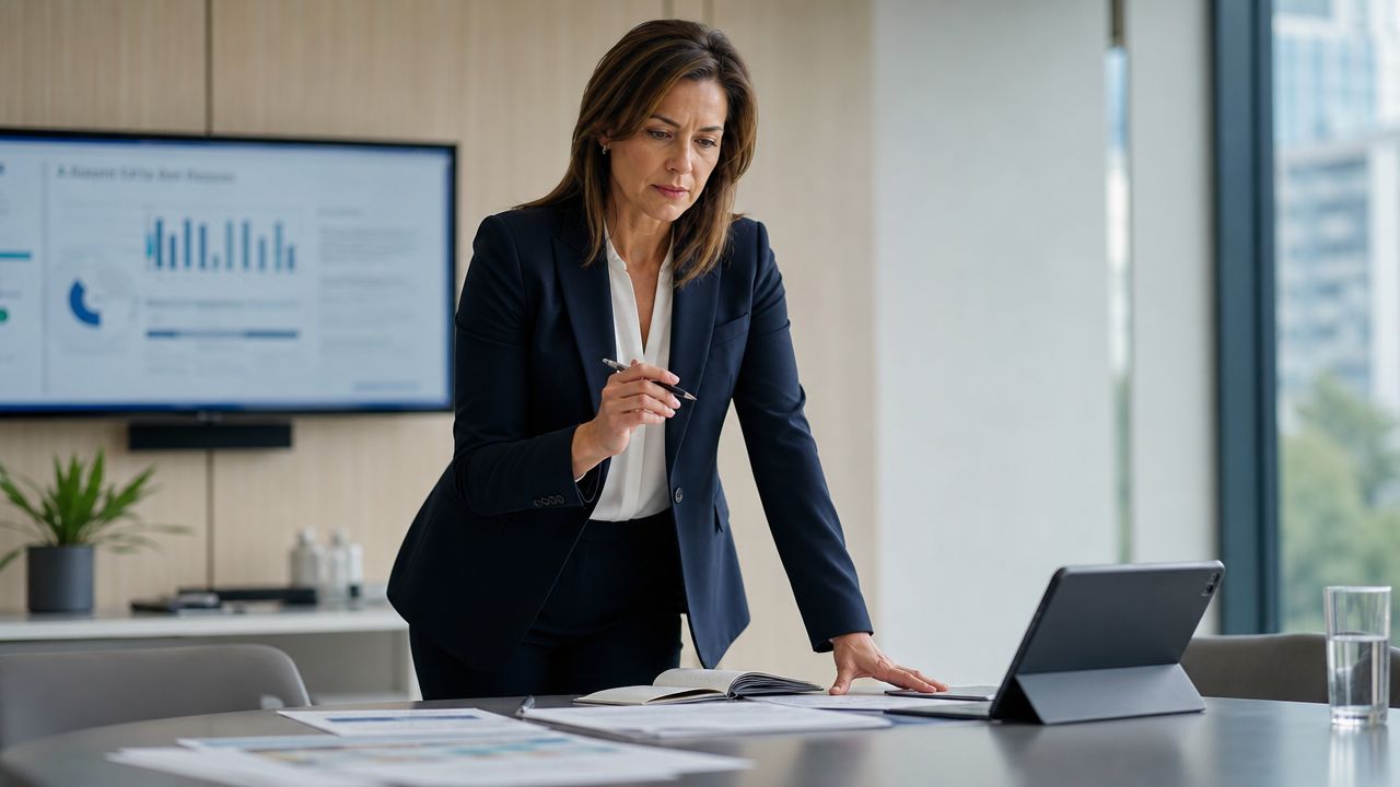A professional woman in a suit standing at a table, reviewing documents and working with a tablet.