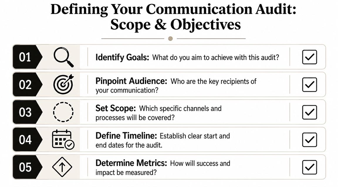 A checklist for a communication audit displaying five steps for setting scope and project objectives.