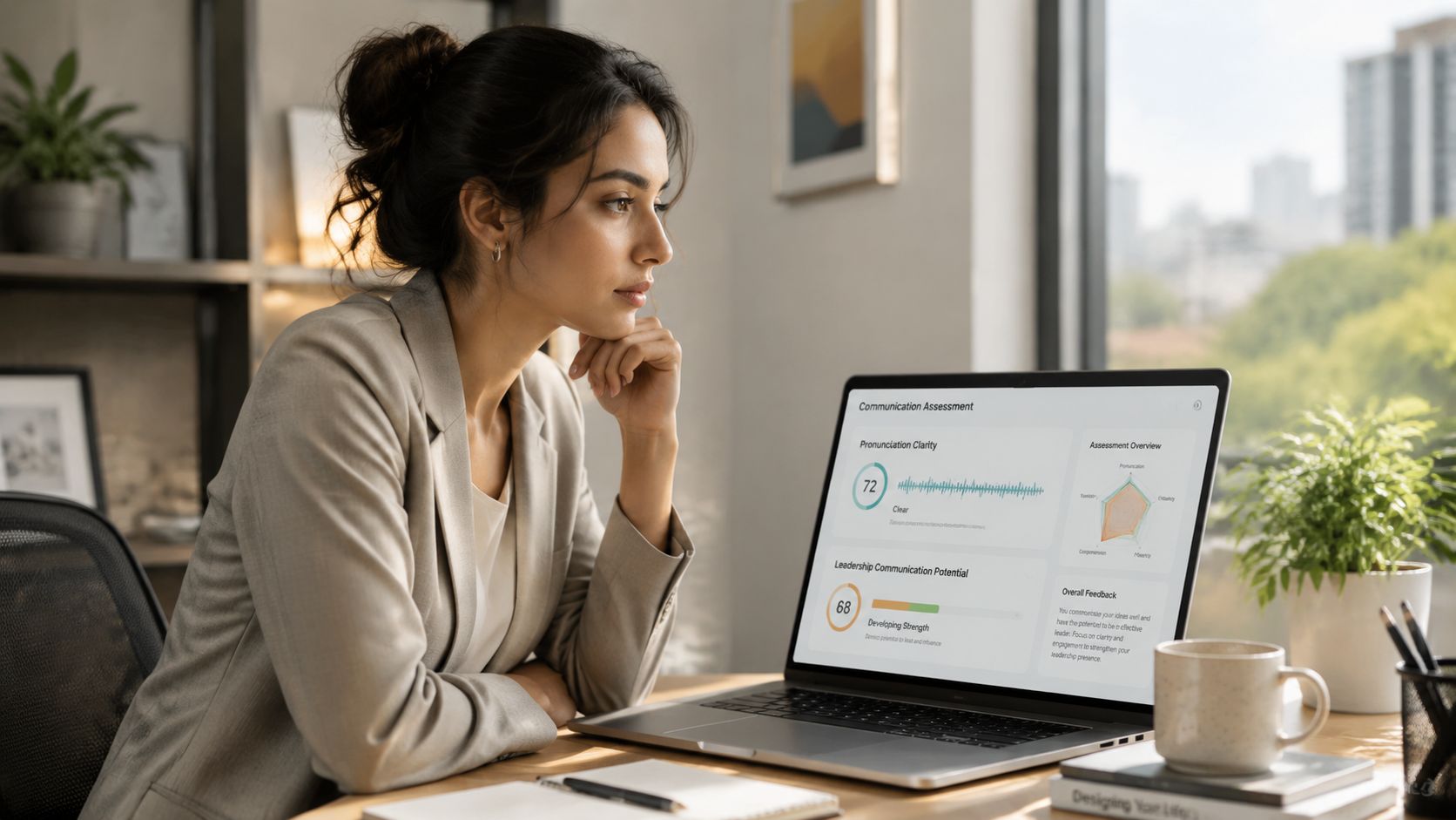 A professional woman reviewing her communication skill assessment results on a laptop screen while working at her desk.