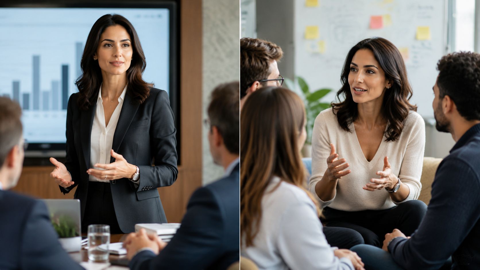 A professional woman leading a business meeting and discussing ideas with colleagues in an office setting.