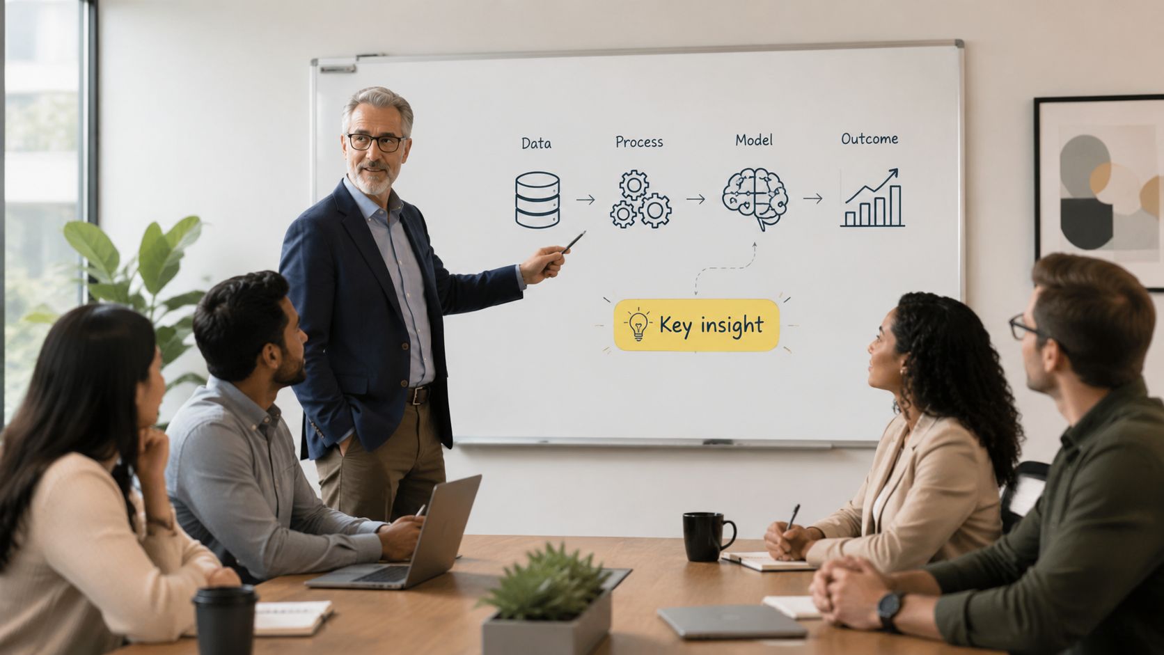 A professional man leads a corporate team meeting, presenting a data-driven workflow diagram on a whiteboard.