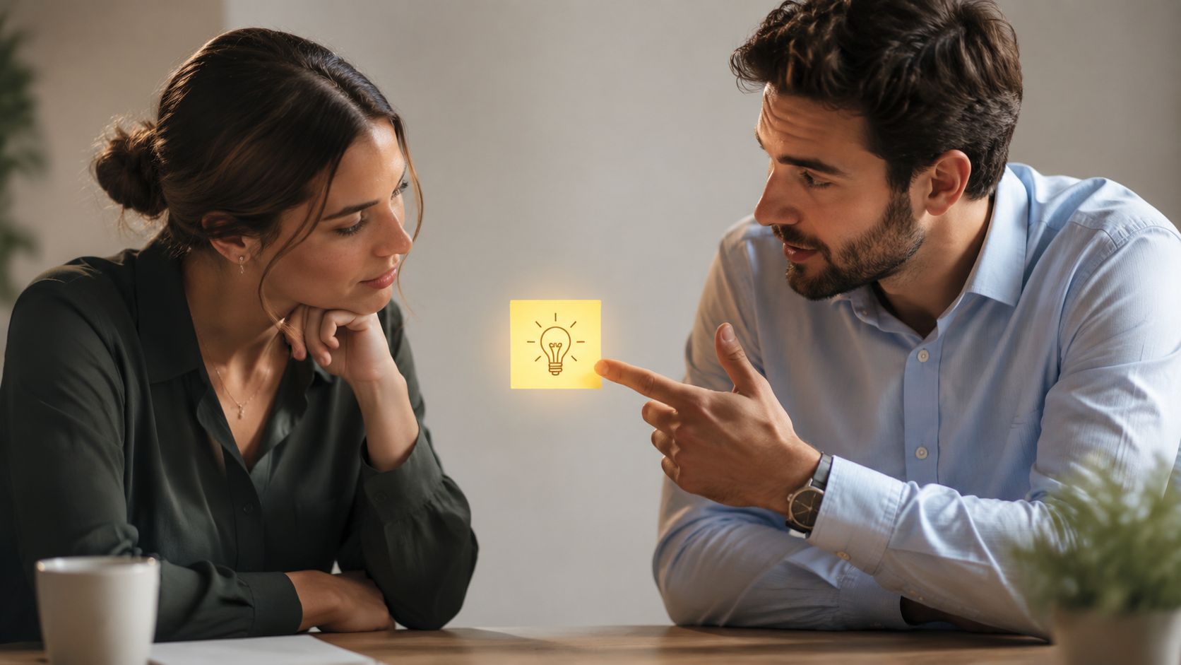 A man and a woman sitting at a desk discussing a glowing lightbulb idea icon together.