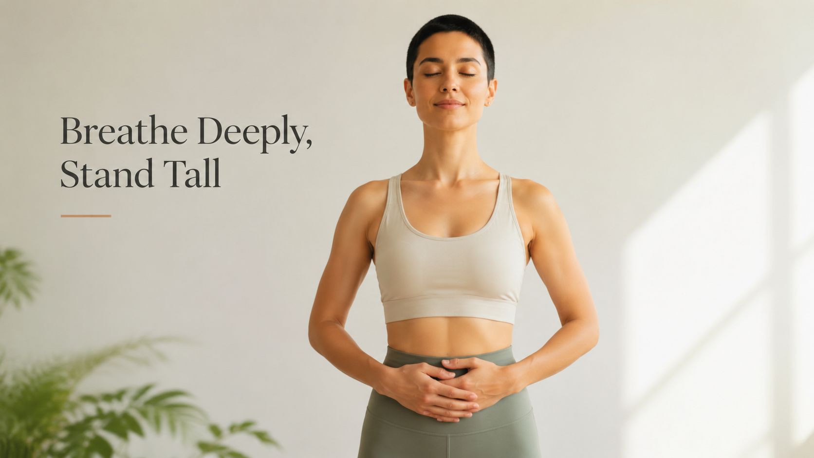 A woman with short hair practicing mindful deep breathing exercises while standing in a calm studio.