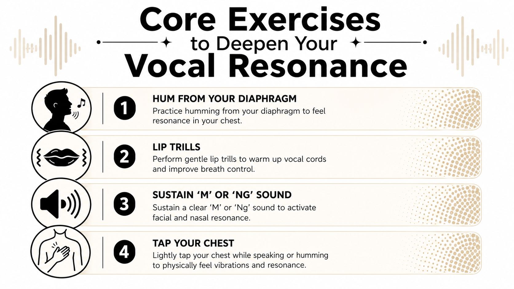 A list of four core exercises to deepen vocal resonance for improved speaking and singing tone.