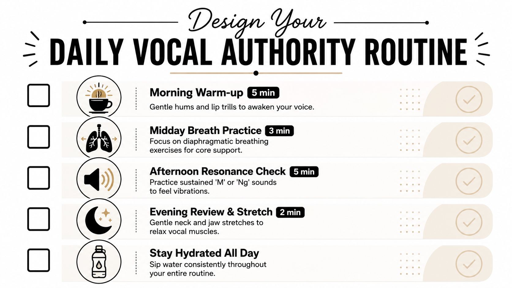 A daily vocal authority checklist with icons for morning warm-ups, breathing exercises, resonance checks, and hydration.