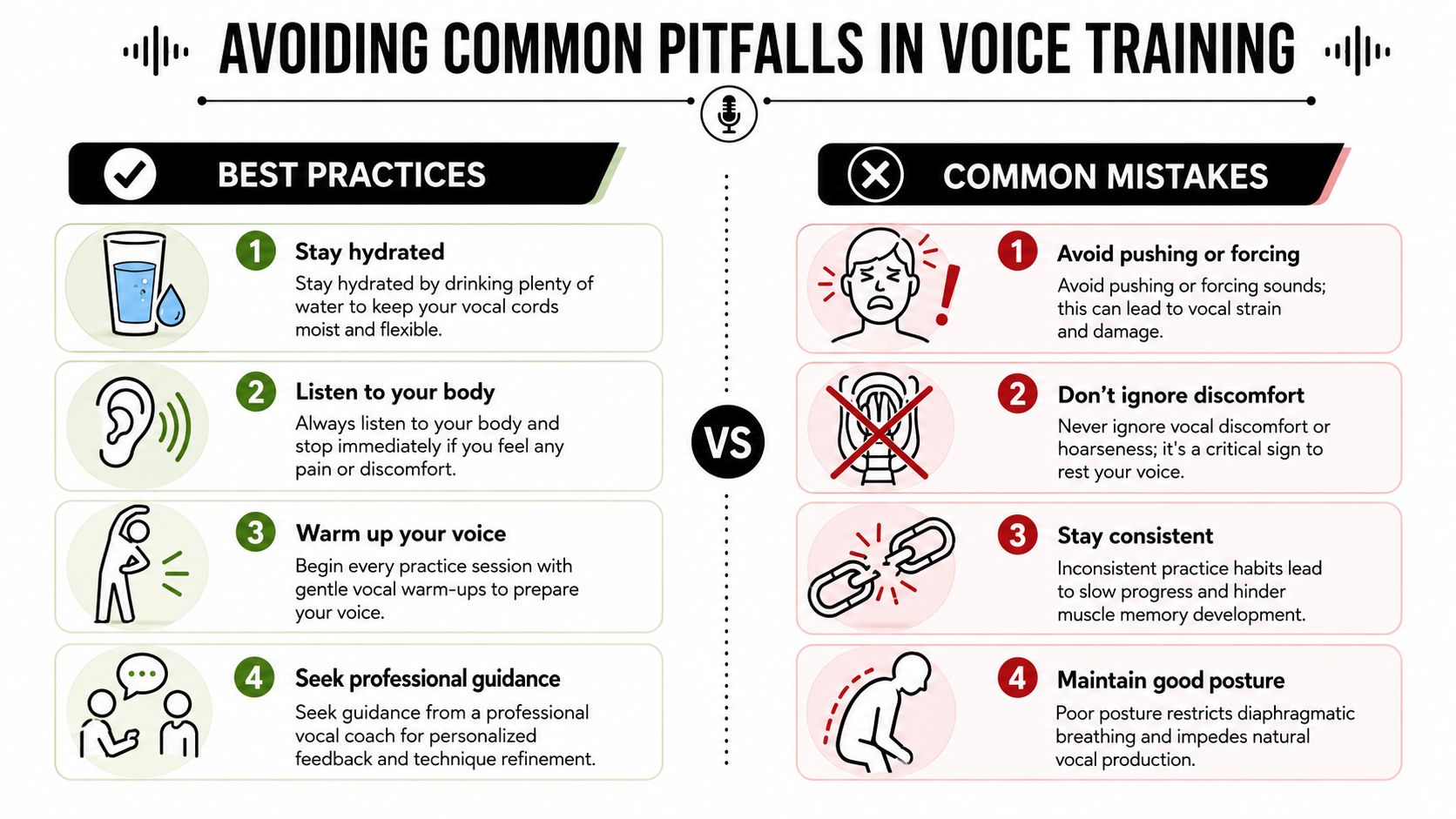 An infographic comparing best practices and common mistakes in voice training for improved vocal health and technique.