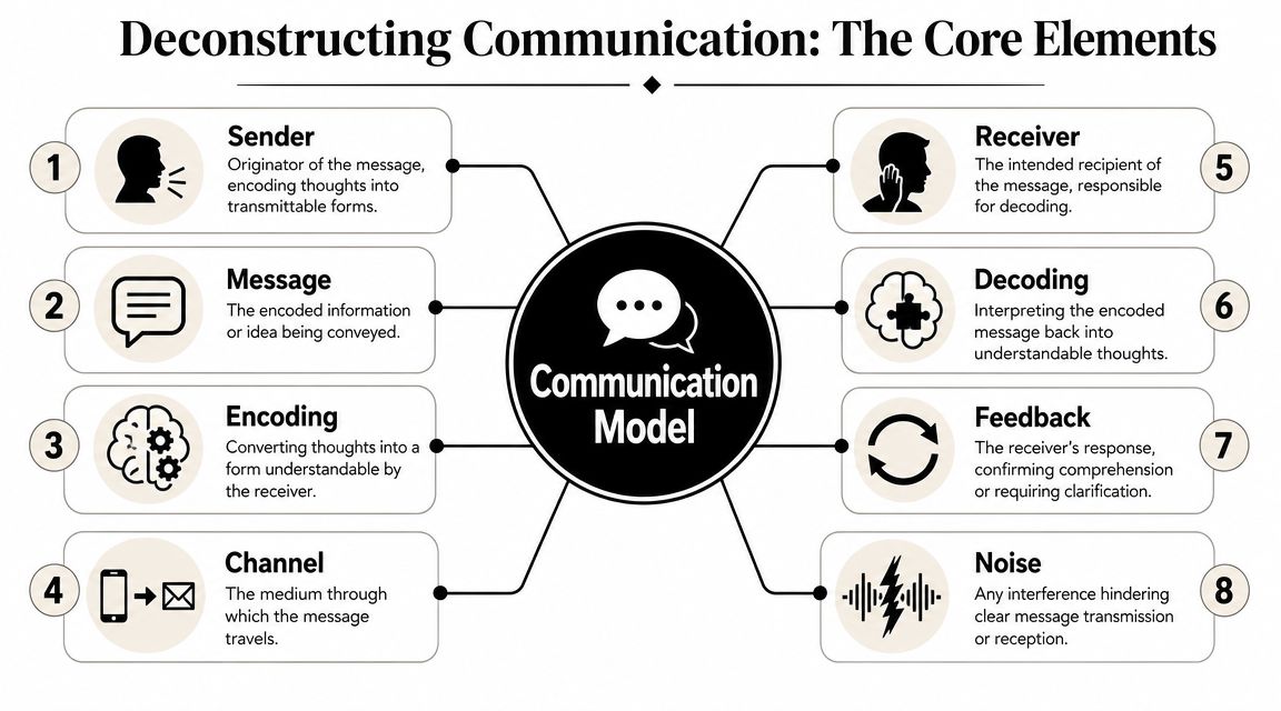 An infographic titled Deconstructing Communication showcasing the eight essential elements of a standard communication model.
