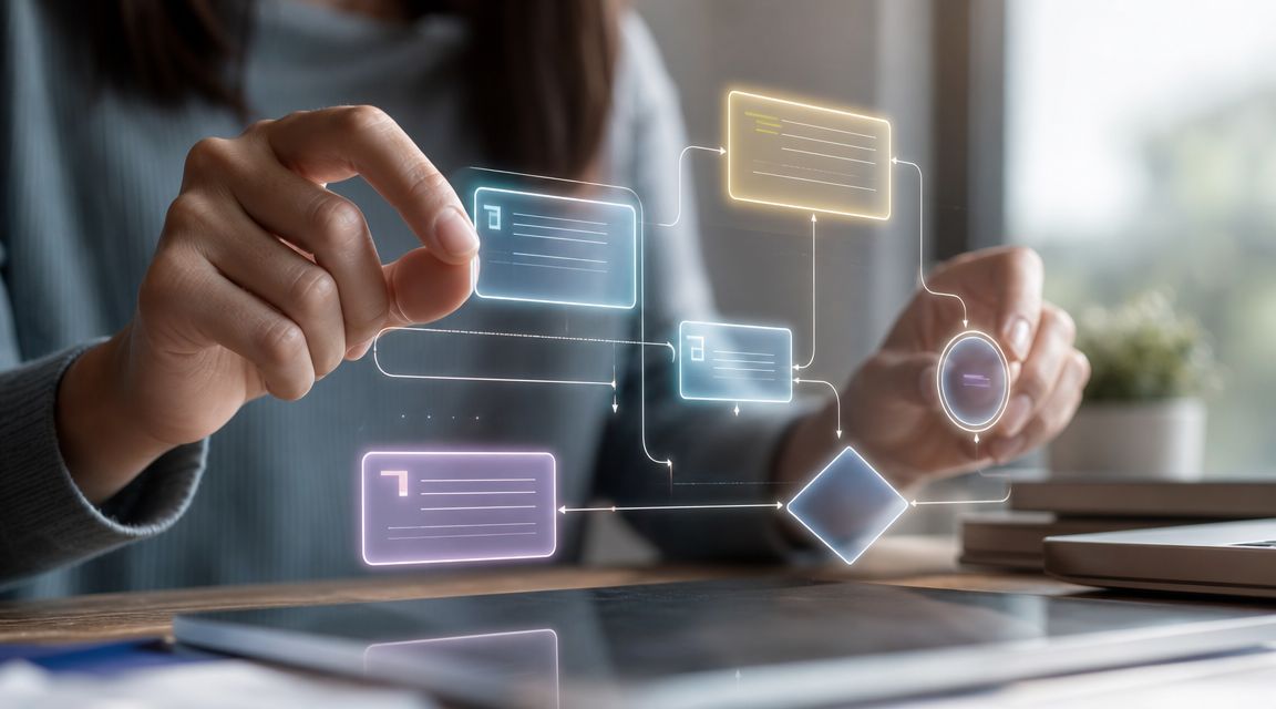 A person interacting with a digital flowchart interface representing the elements of communication on a tablet screen.