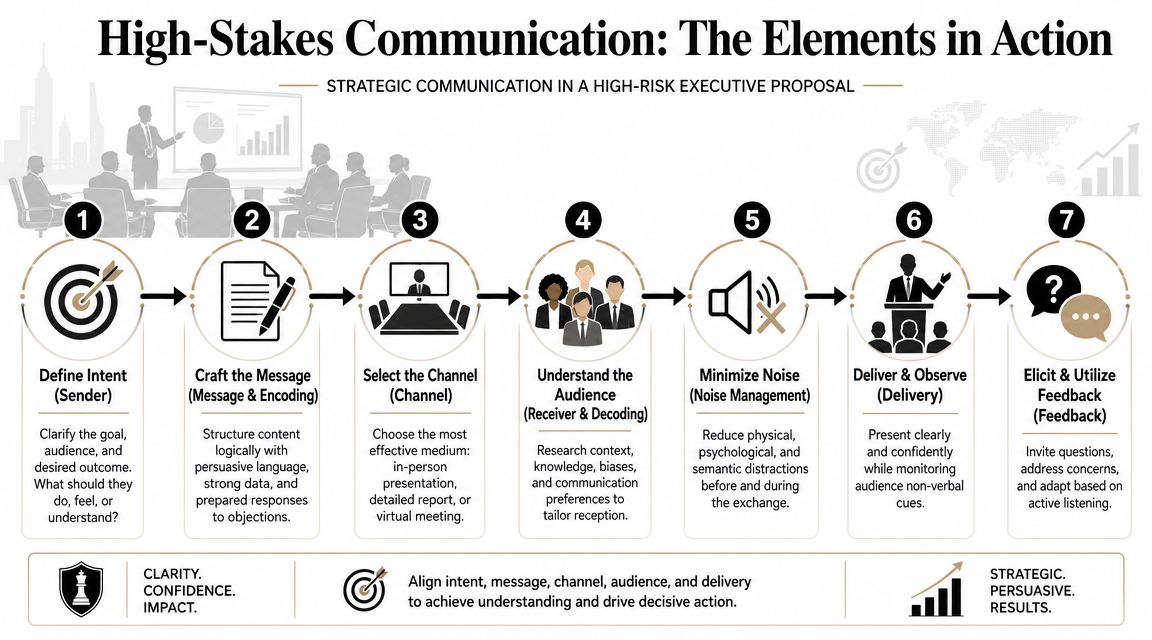 A seven-step process infographic illustrating strategic communication elements for a high-risk executive business proposal.