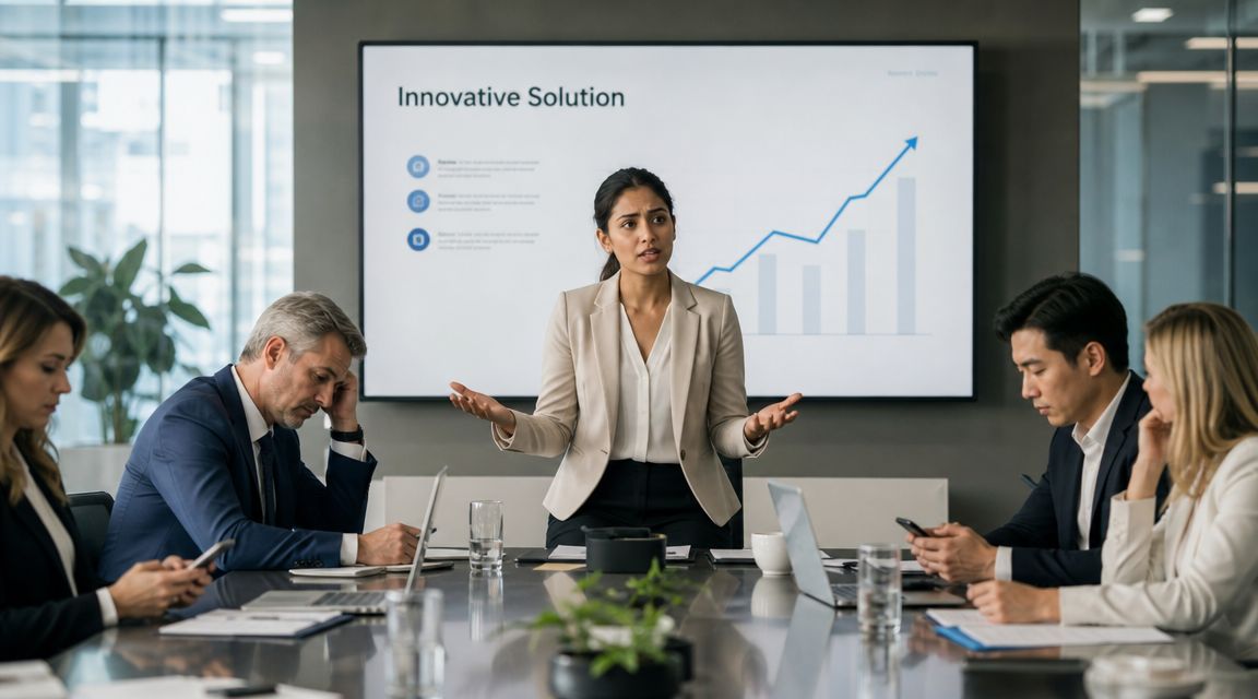 A businesswoman presents an innovative solution to colleagues who appear disinterested during a corporate meeting.