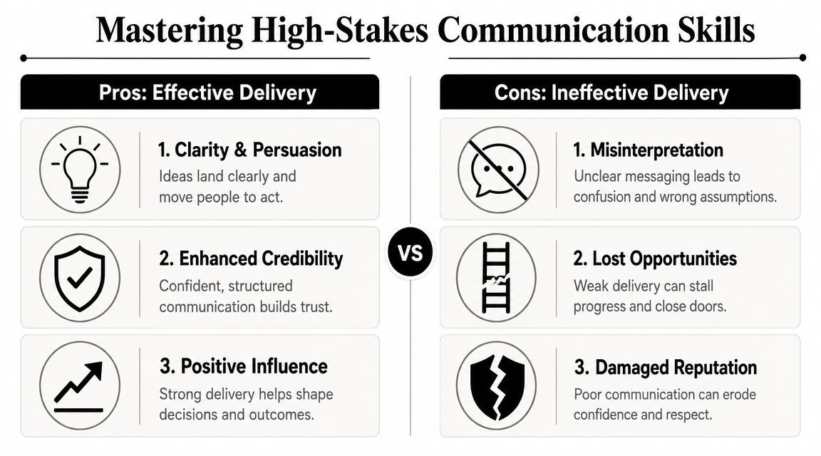 A comparison chart outlining the pros of effective delivery versus the cons of ineffective communication skills.