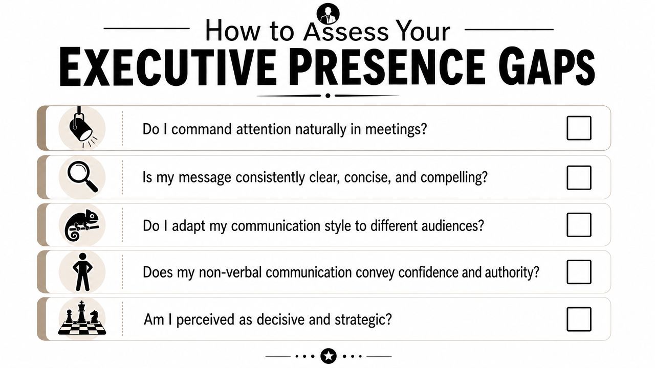 A checklist titled How to Assess Your Executive Presence Gaps, highlighting key professional leadership and communication skills.