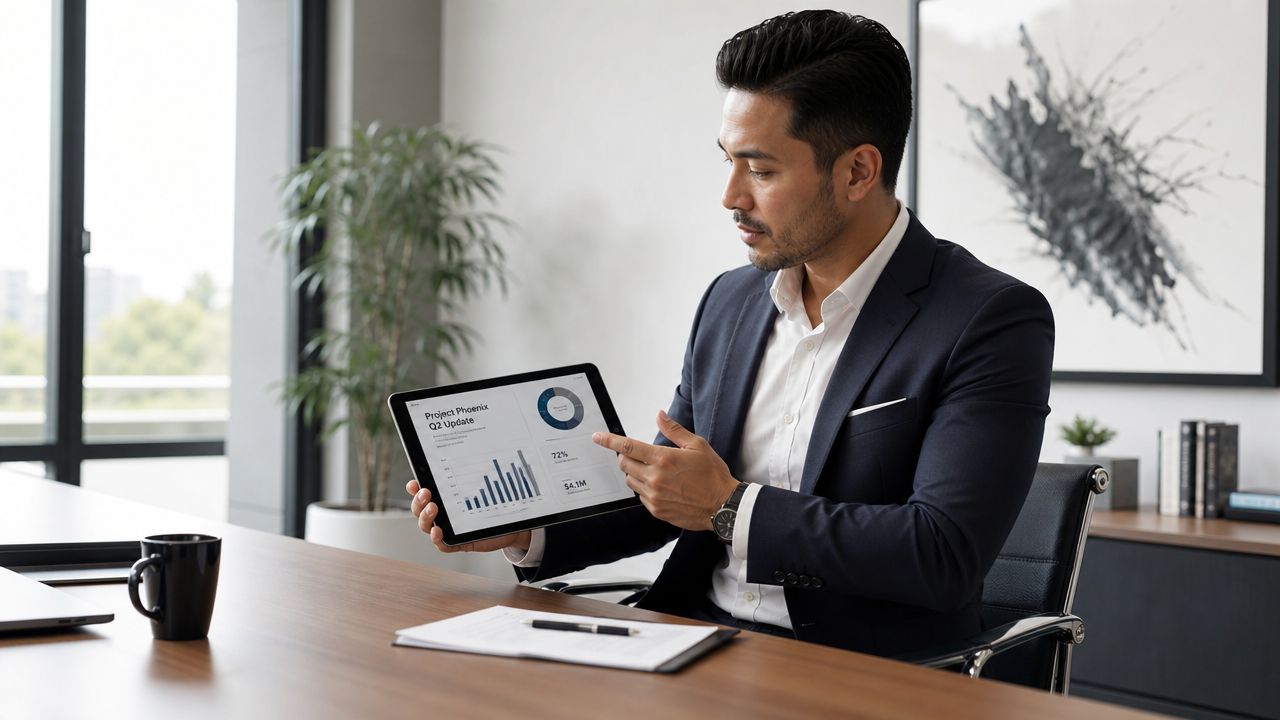 A professional businessman in a suit pointing at a tablet displaying business data charts and statistics.