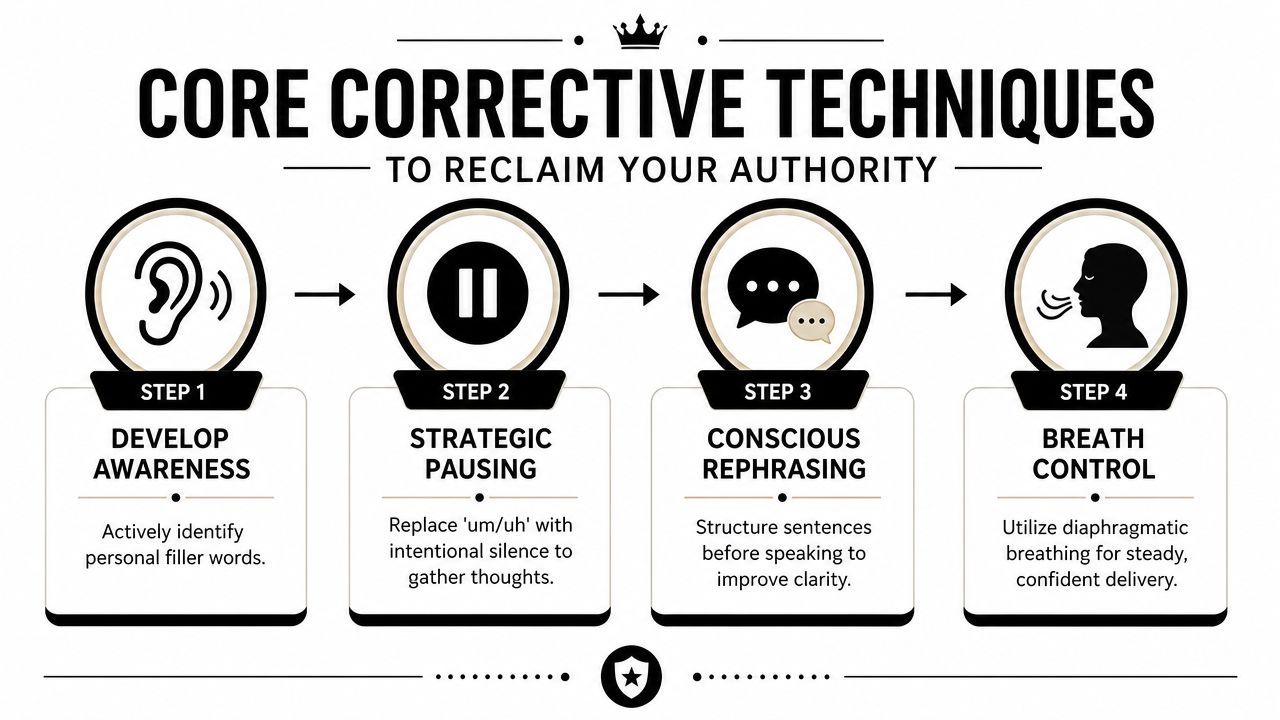 An infographic showing four steps to reclaim authority by reducing filler words through awareness and speech control.