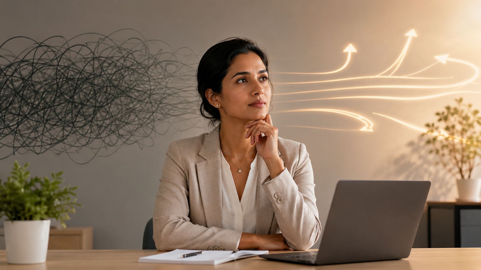 A professional woman sitting at a desk, looking thoughtful while transforming chaotic thoughts into clear strategic direction.