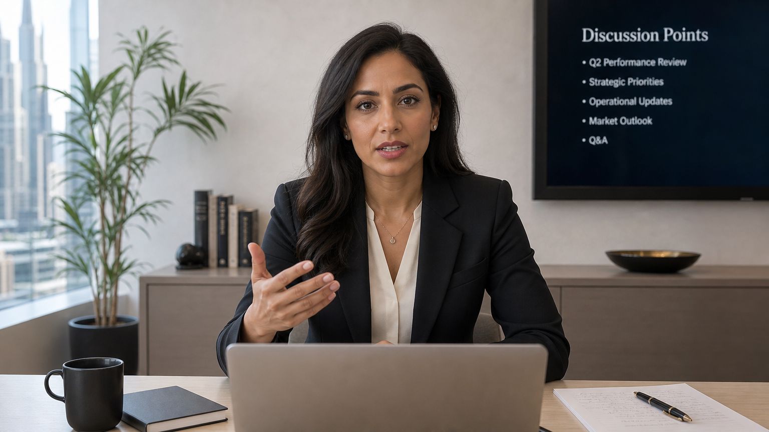 A professional woman in a business suit leading a virtual conference call from her modern office.