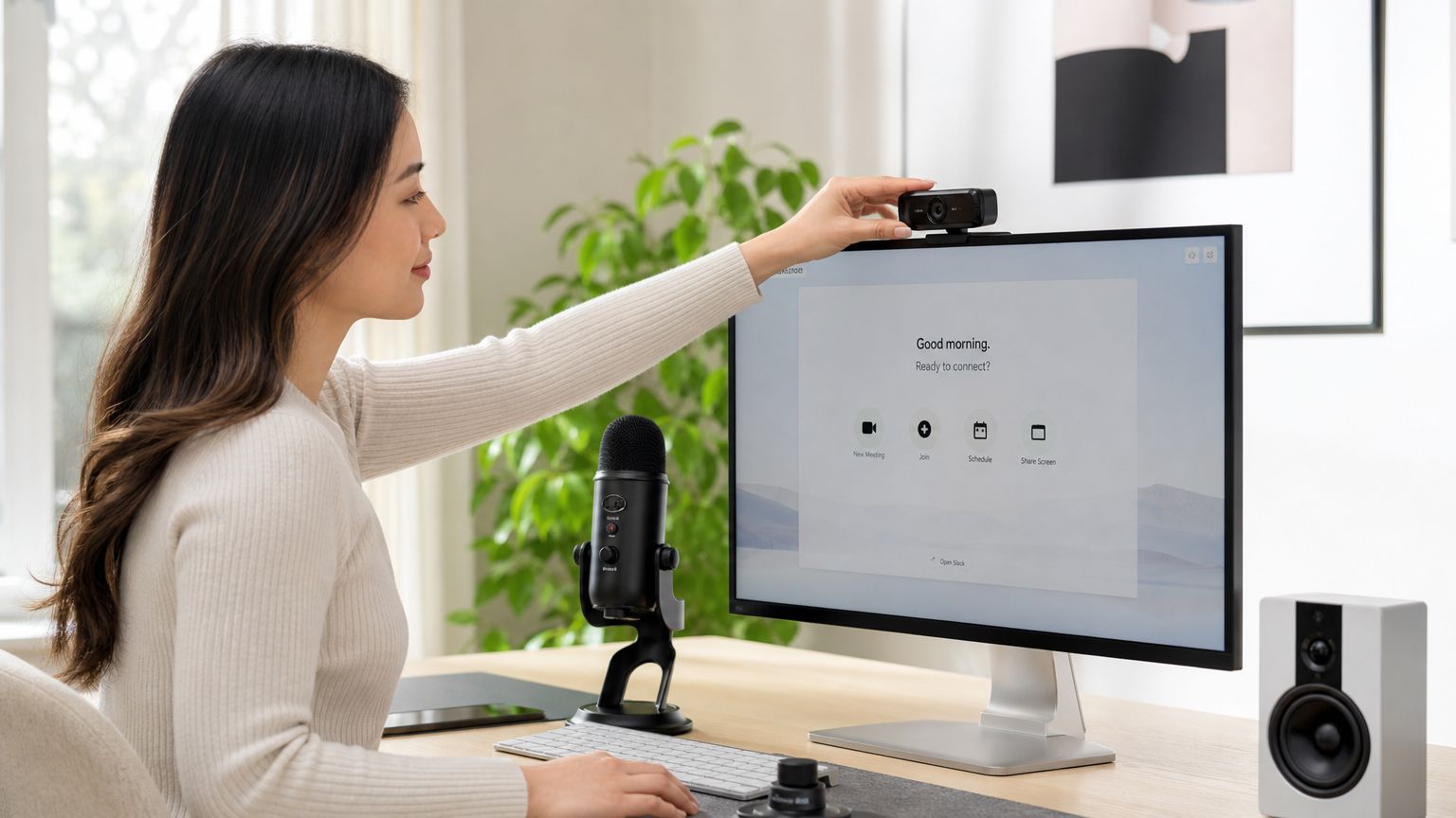 A woman adjusting a webcam on top of her computer monitor in a home office setup.