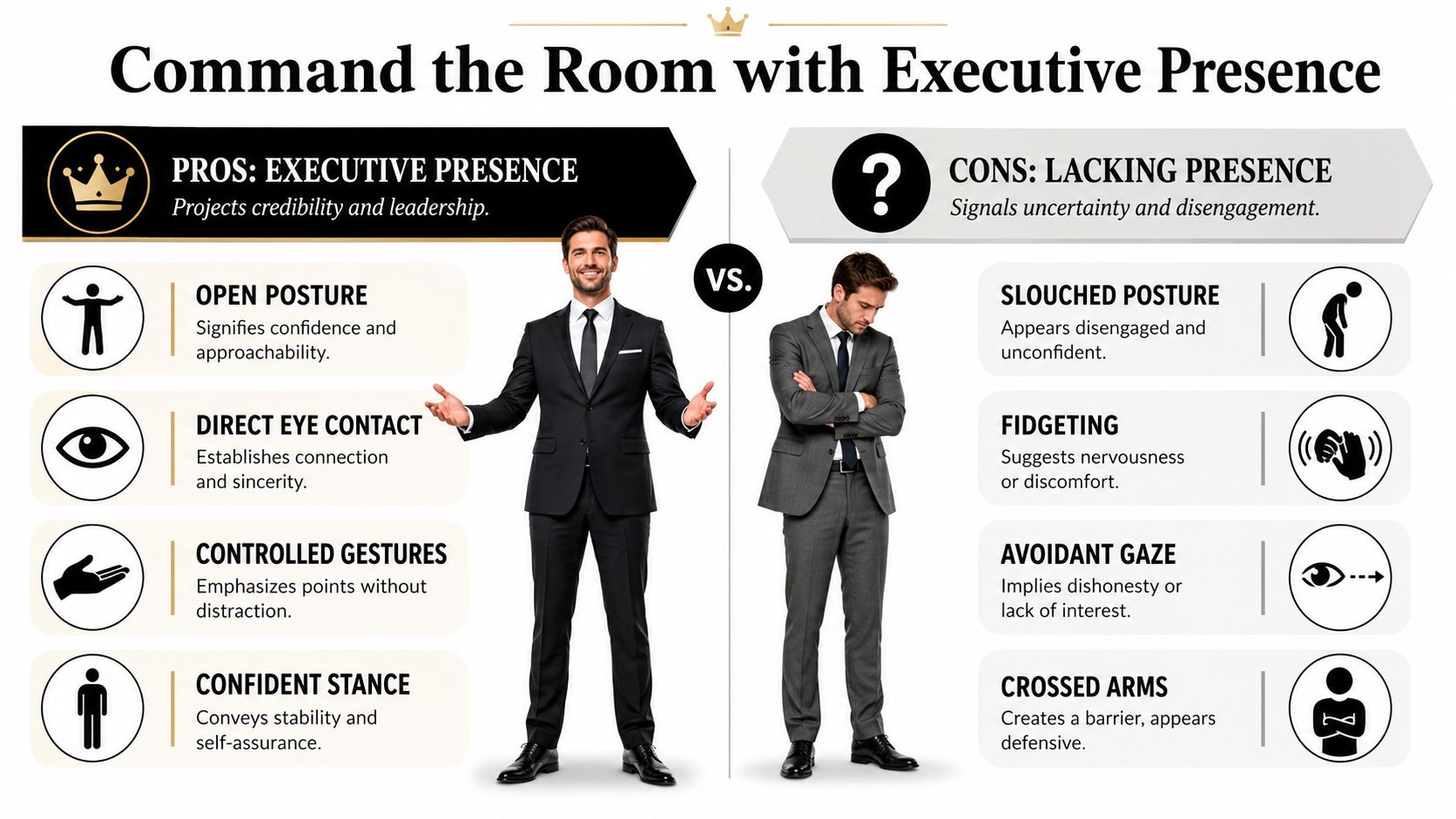A comparison chart showing body language tips for executive presence versus signs of lacking professional confidence.