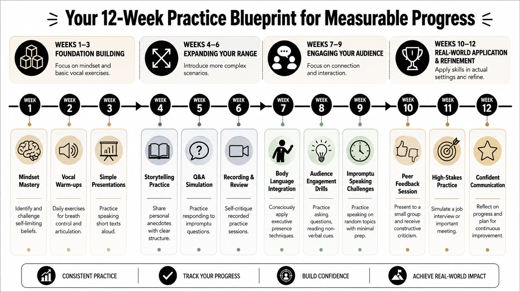 A 12-week practice blueprint infographic showing weekly steps to improve public speaking and communication skills effectively.