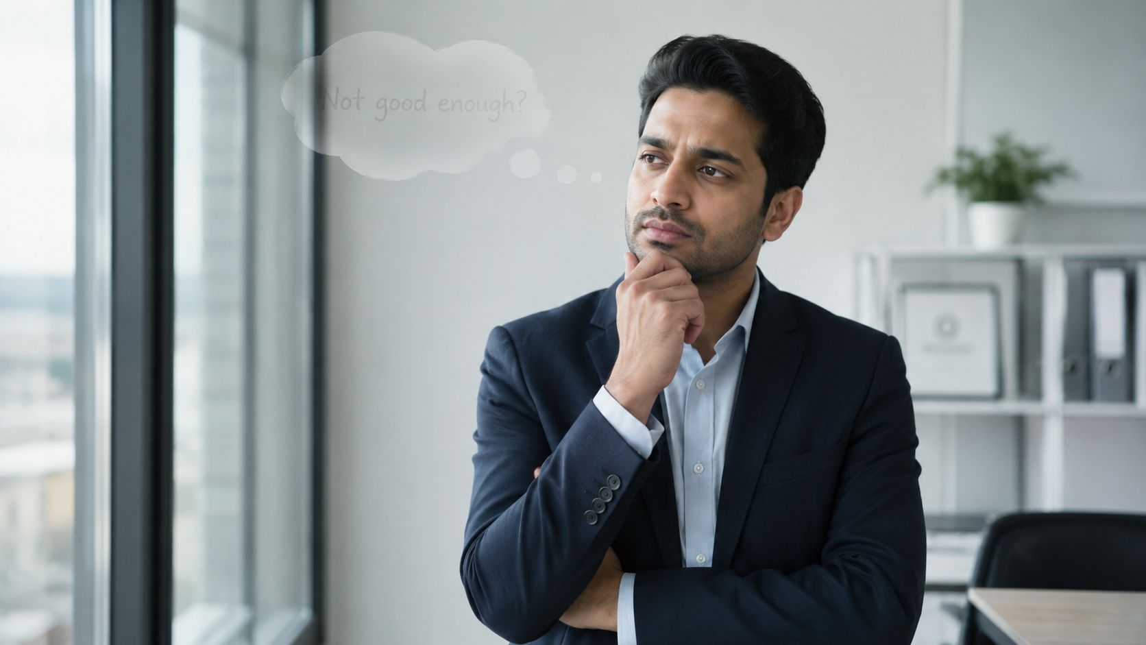 A pensive businessman in a suit thinking with his hand on his chin in an office setting.