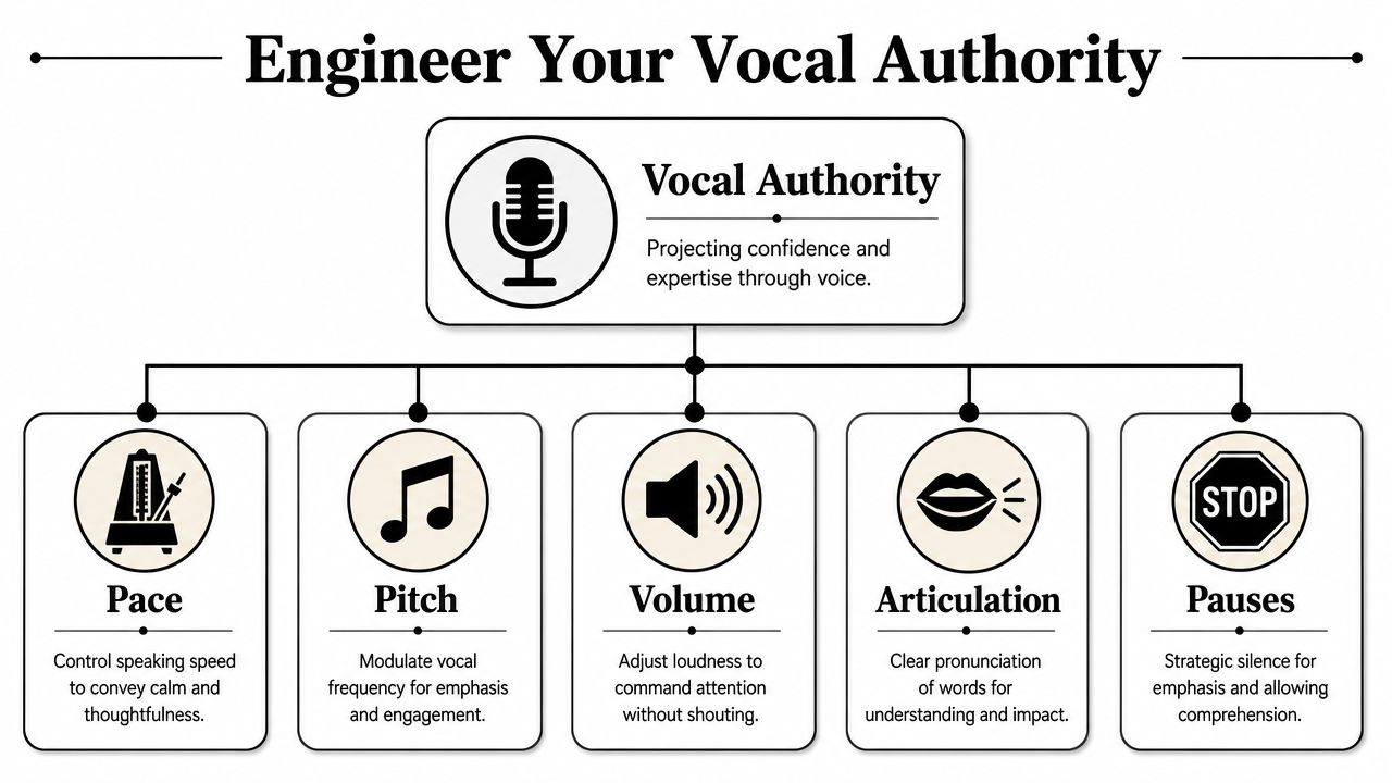 A diagram outlining five key components for developing vocal authority: pace, pitch, volume, articulation, and pauses.
