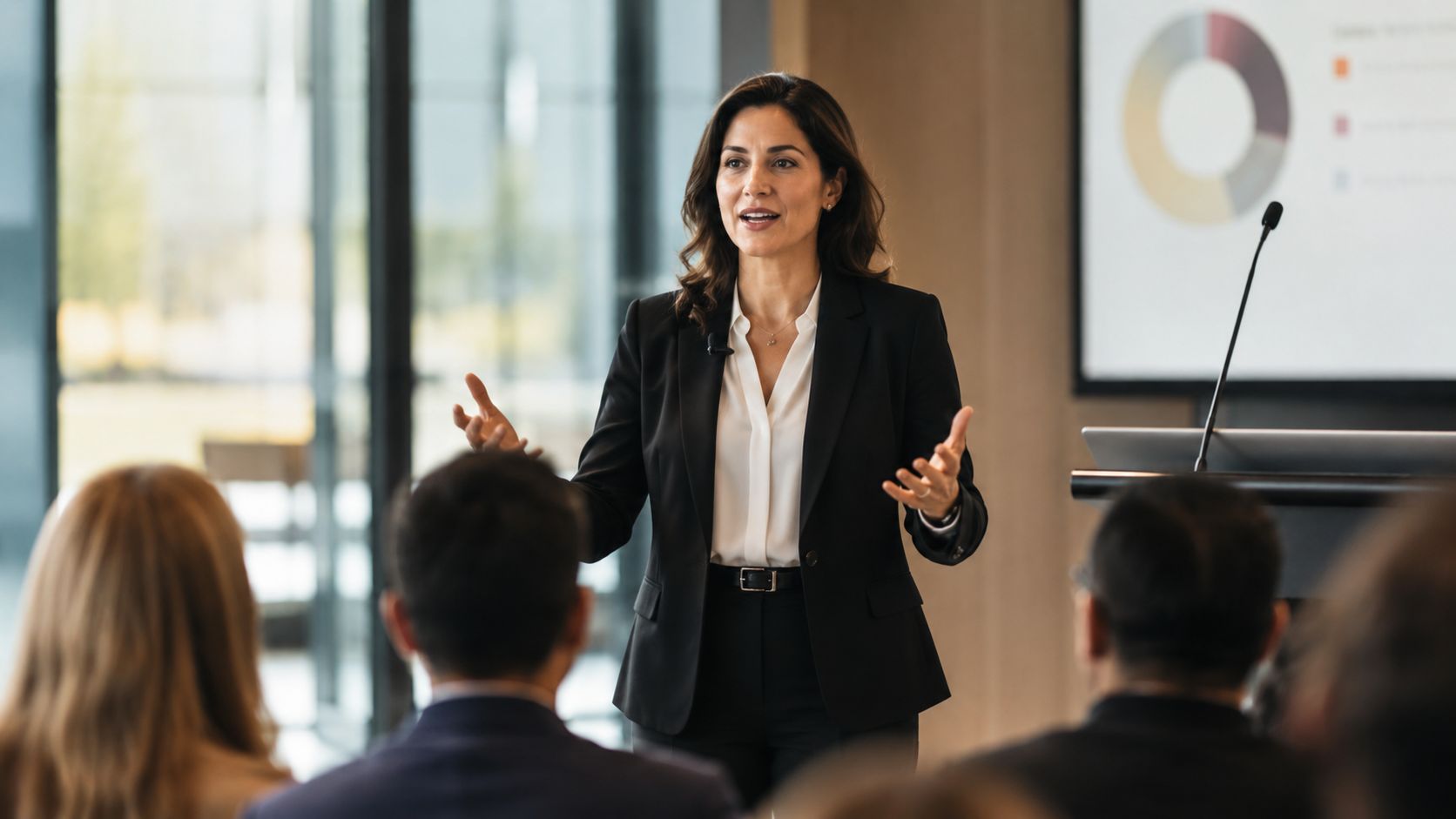 A professional woman in a suit gestures while giving a business presentation to an attentive audience.