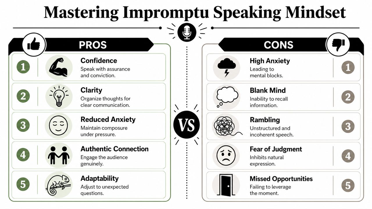 A comparative chart outlining the pros and cons of mastering an impromptu speaking mindset for speakers.