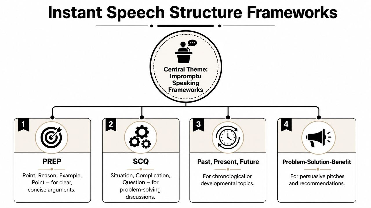 A diagram illustrating four structured frameworks for effective impromptu speaking, including PREP, SCQ, Past-Present-Future, and Problem-Solution-Benefit.