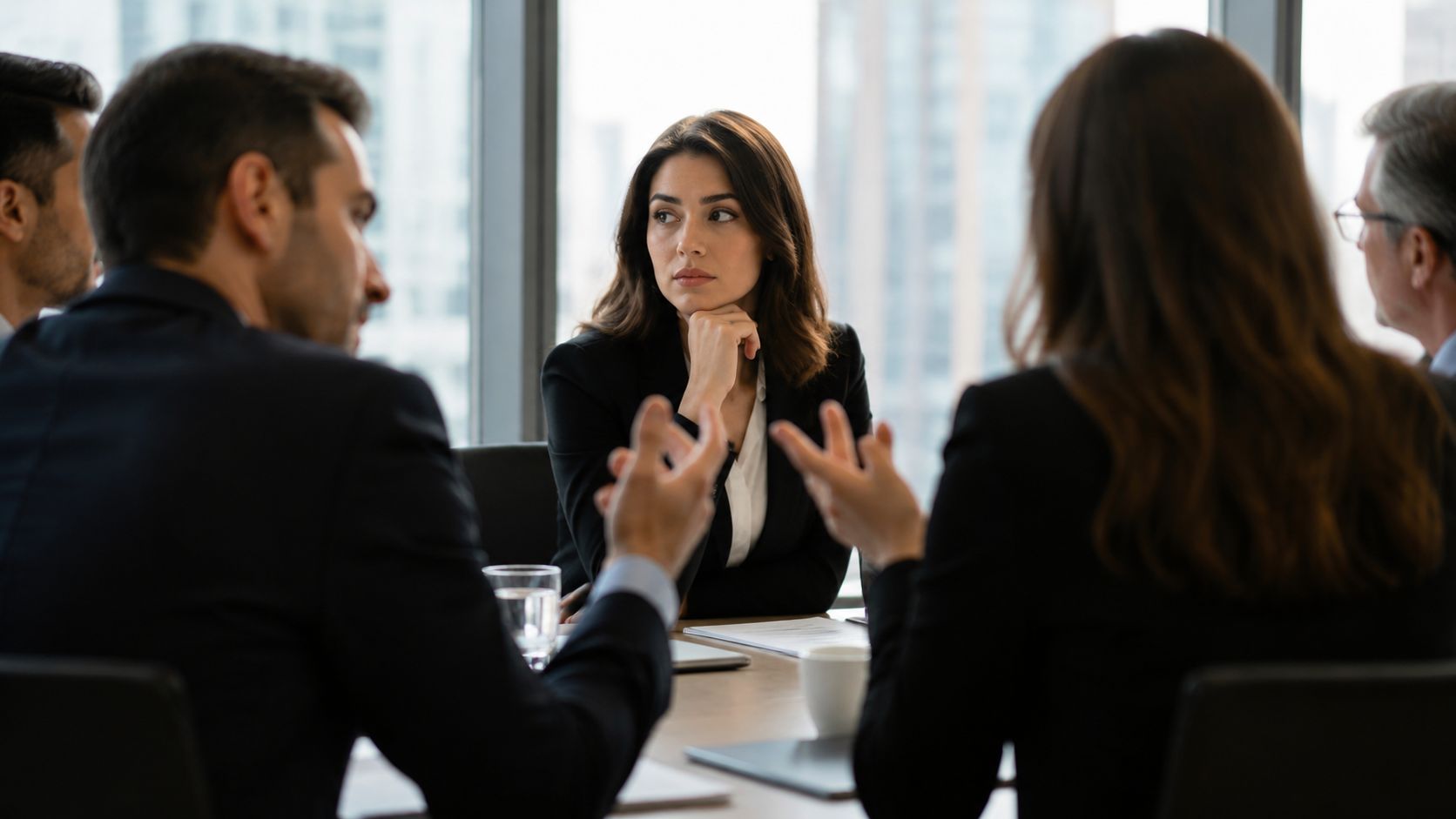 A professional team discussing business strategies in a modern office meeting room with large windows.