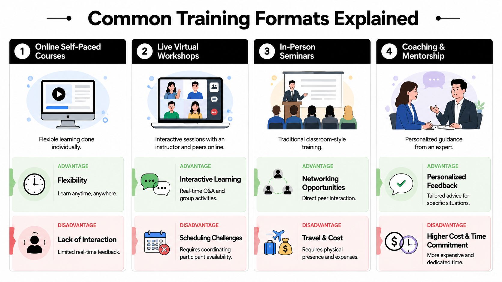 An infographic titled Common Training Formats Explained detailing four types of learning with advantages and disadvantages.