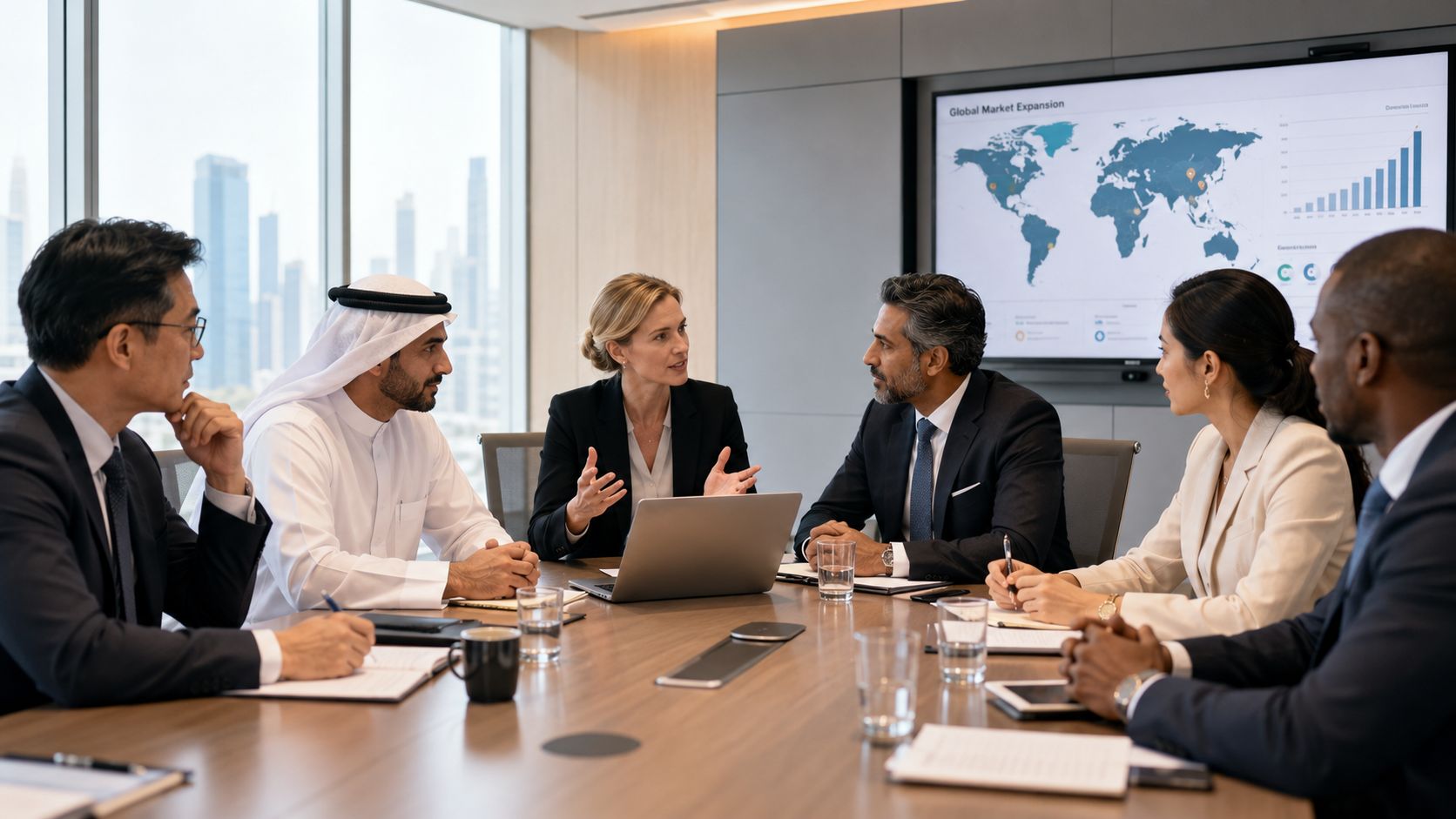 A diverse group of professionals collaborating in a modern boardroom meeting about global market expansion strategies.