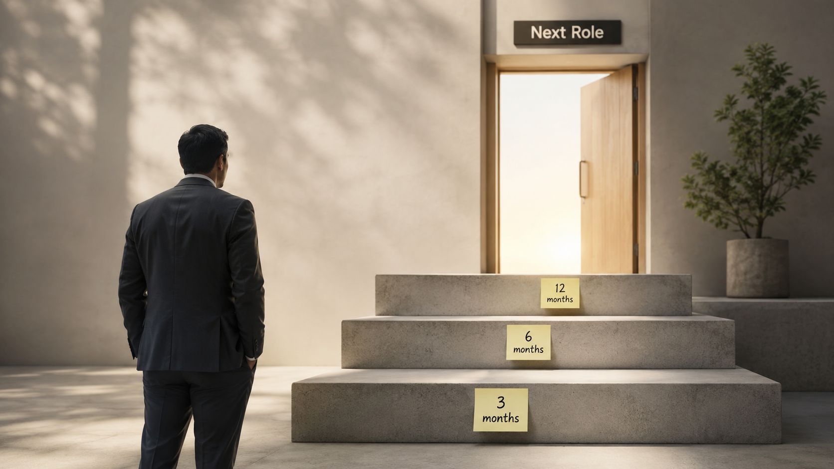 A businessman standing before stairs leading to a door labeled Next Role with timeline markers.