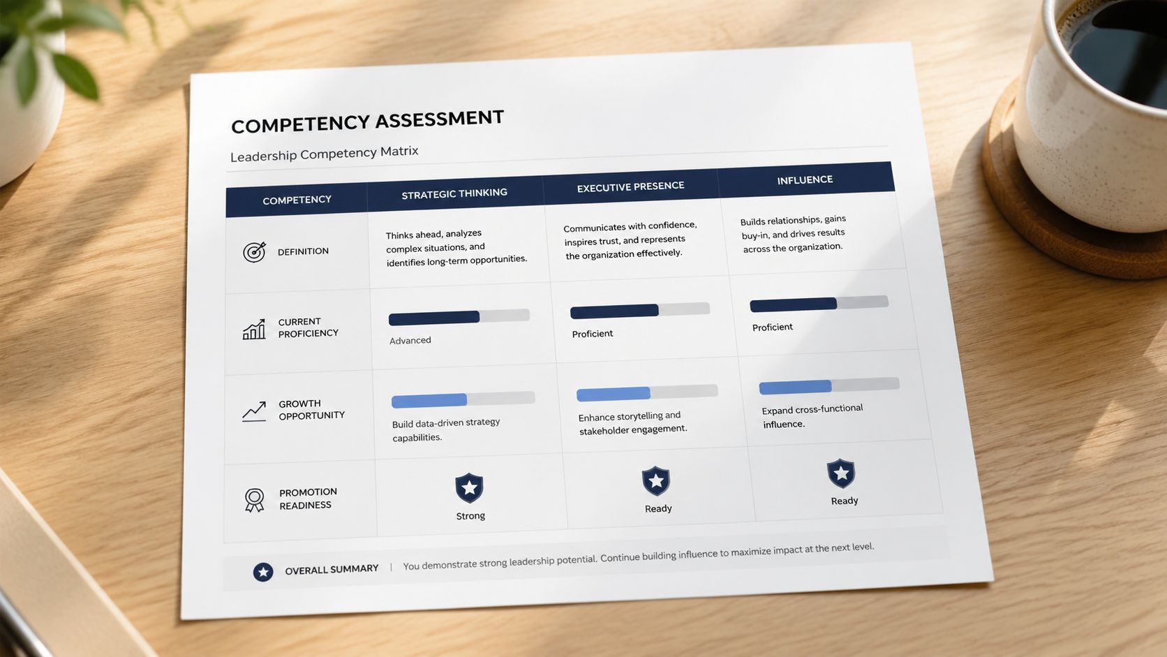 A printed document showing a leadership competency assessment matrix with performance ratings and growth opportunities.