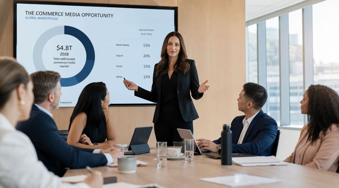 A professional businesswoman gives a data-driven presentation on commerce media opportunities to a group in a boardroom.