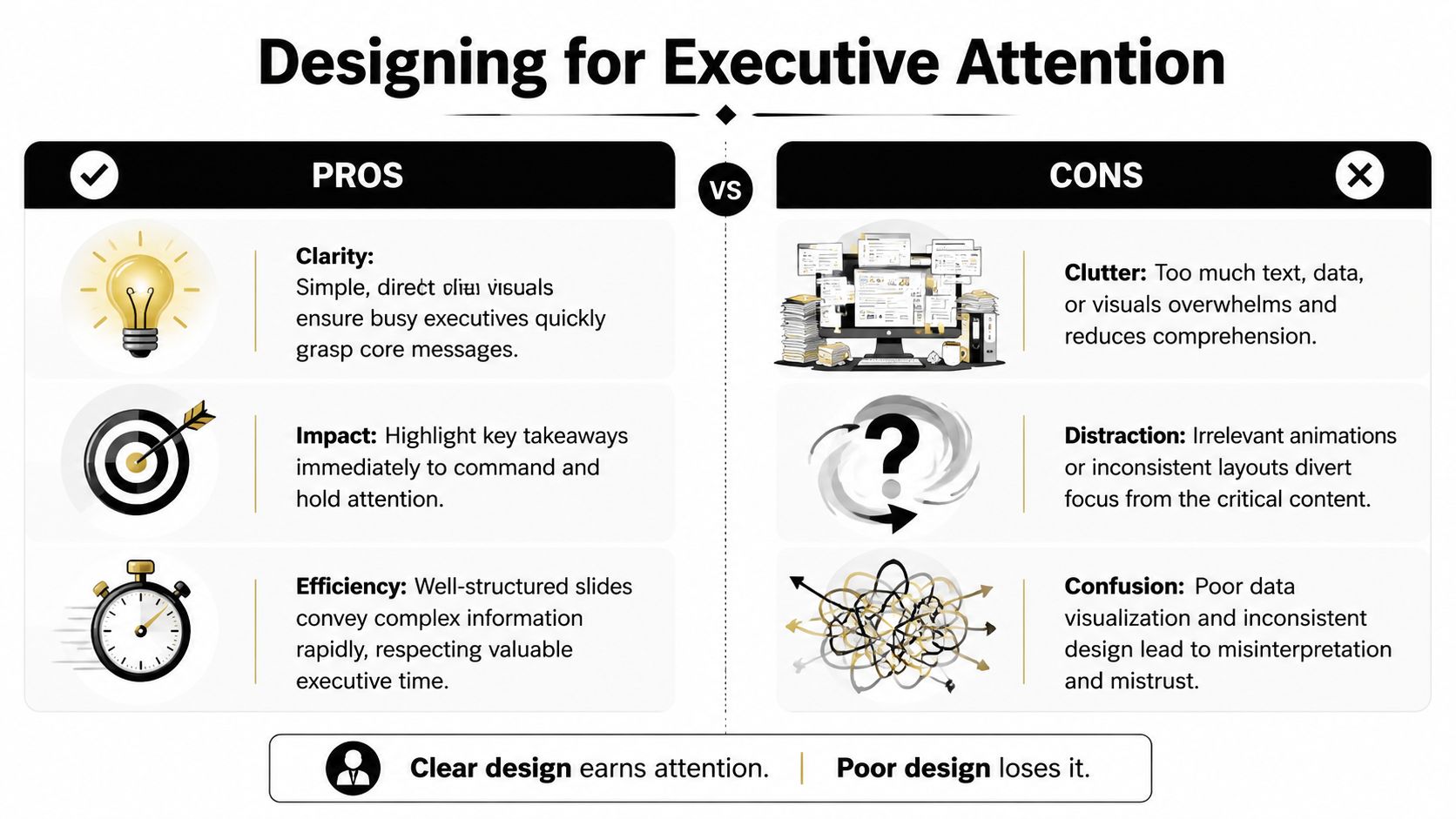 An infographic comparing the pros of clear executive design versus the cons of poor, cluttered slide presentations.