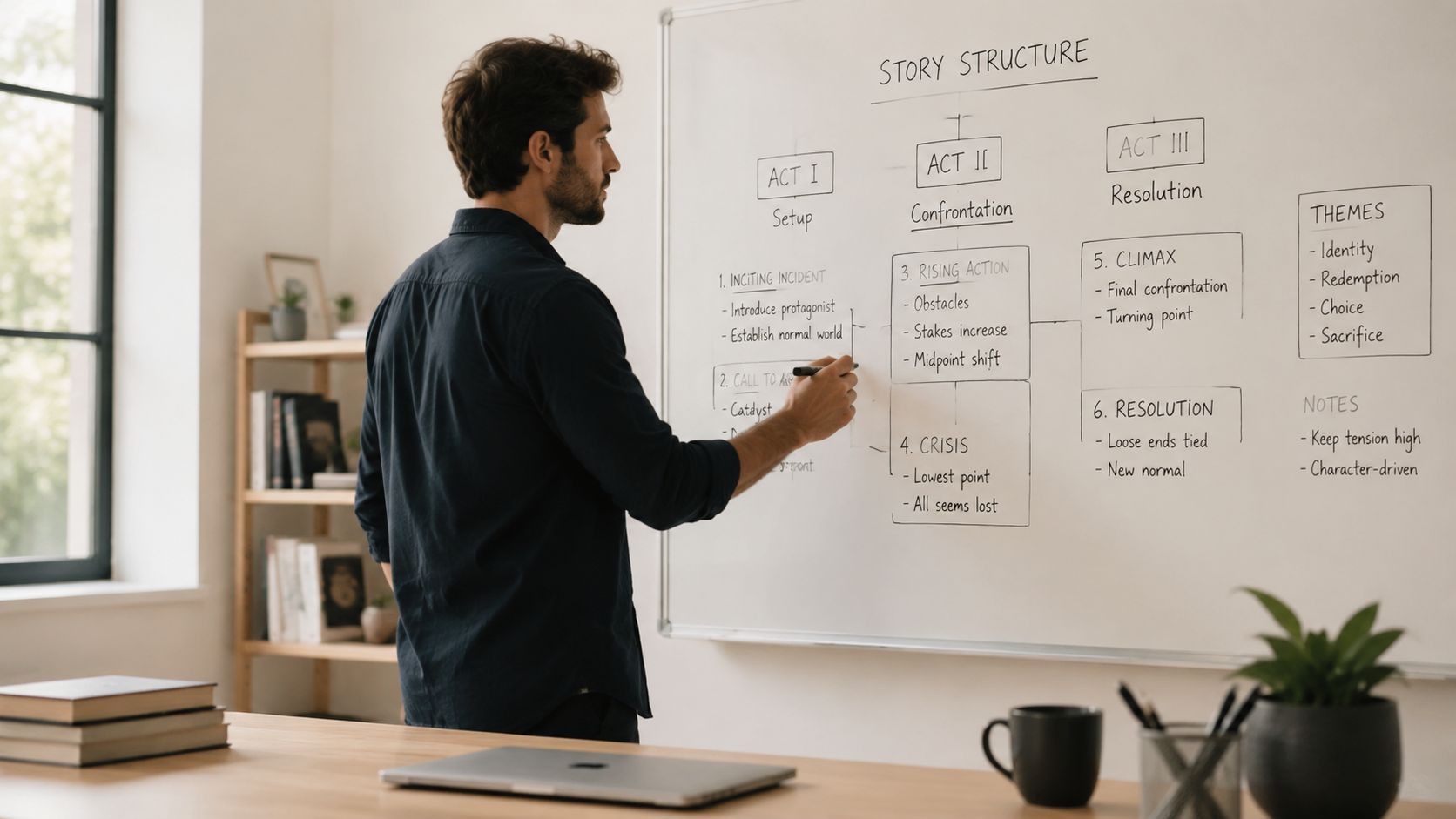 A professional man writing a detailed story structure outline on a white board in a modern office.