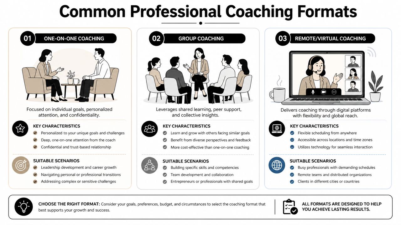 An infographic showing three common professional coaching formats: one-on-one, group, and remote virtual coaching sessions.