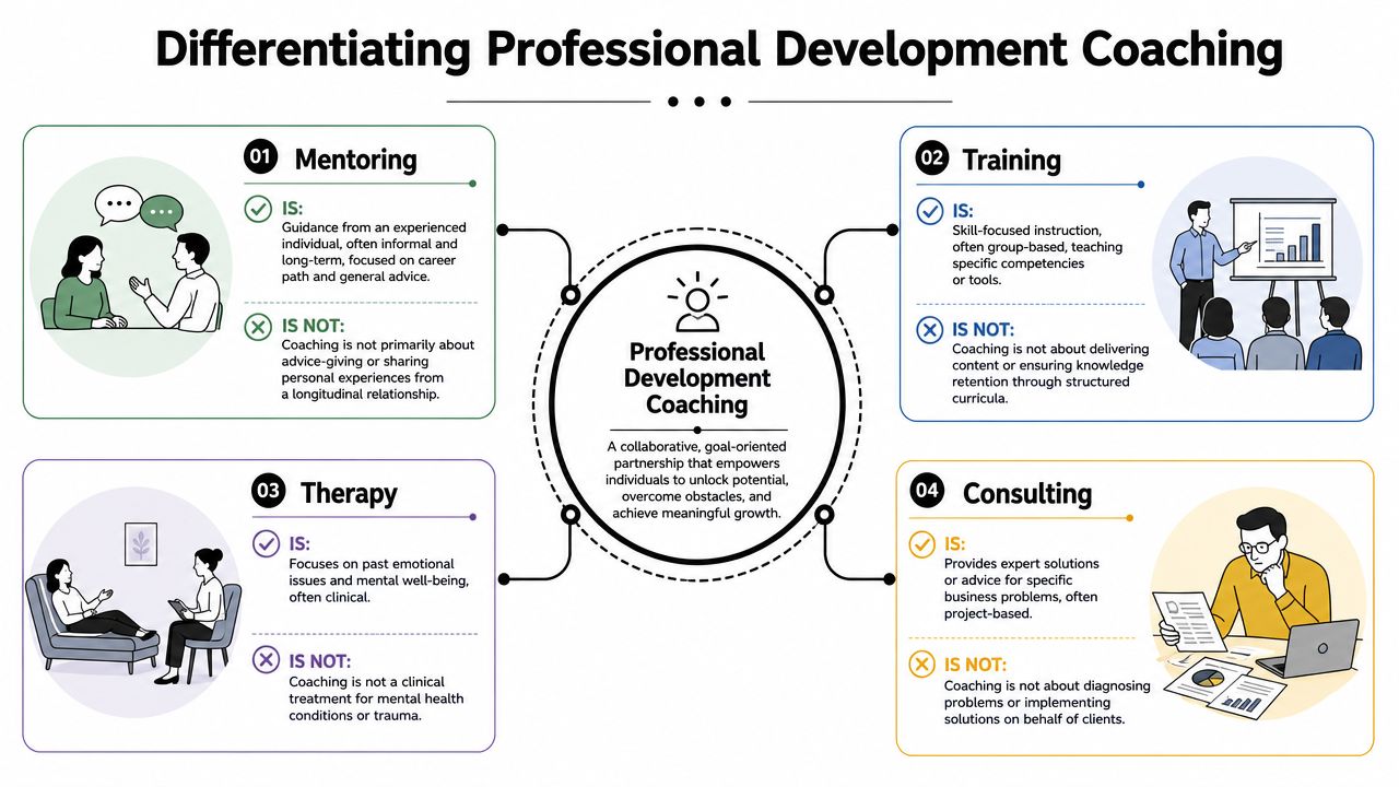 A diagram comparing professional development coaching to mentoring, training, therapy, and consulting with definitions and key distinctions.
