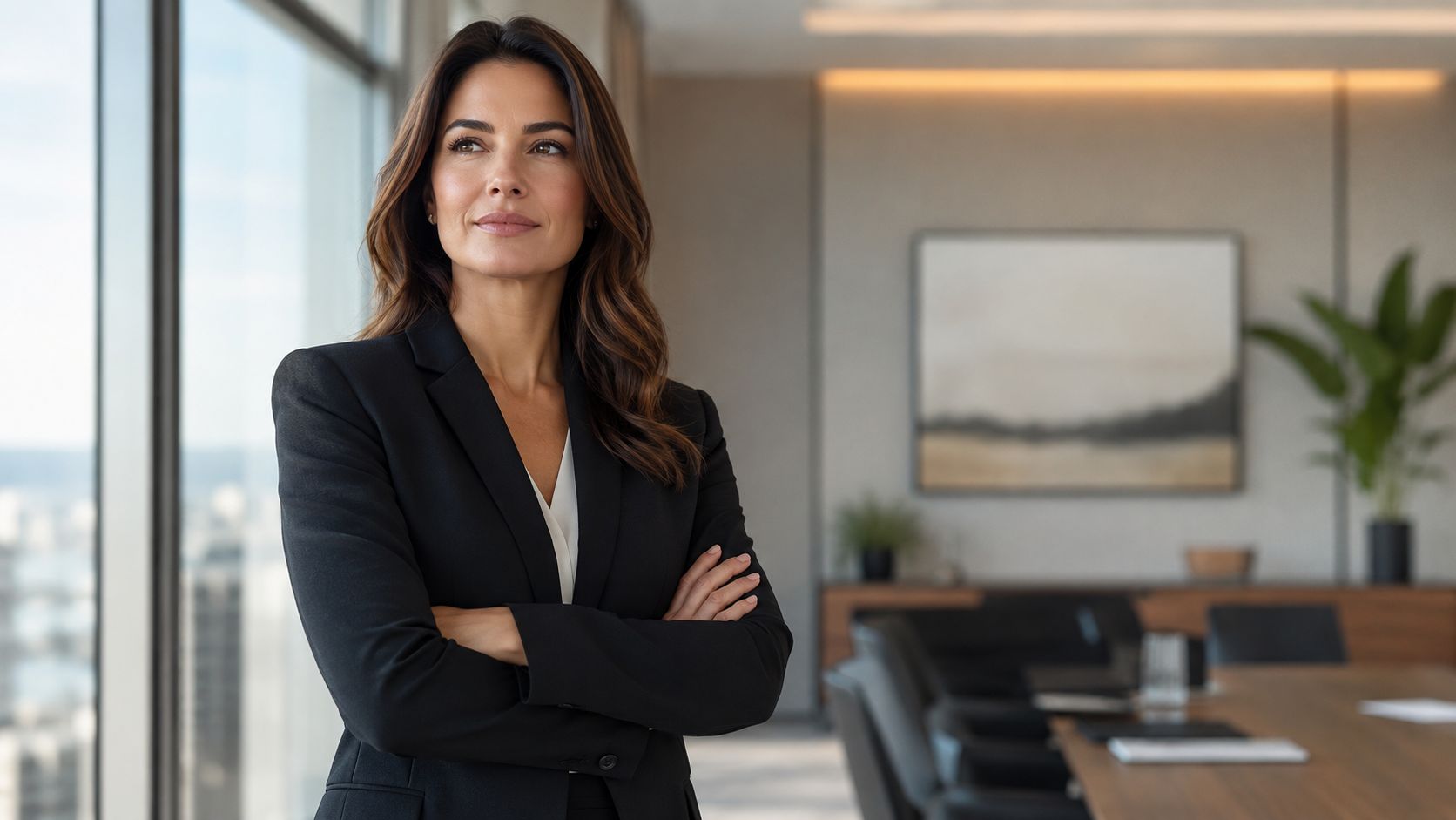 A professional woman in a suit standing with arms crossed in a modern corporate office setting.