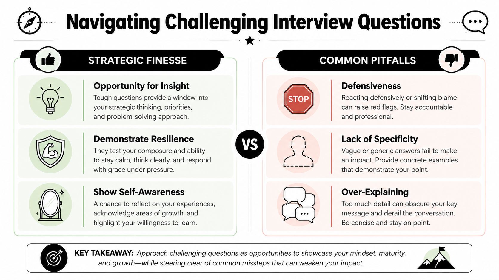 An infographic titled Navigating Challenging Interview Questions highlighting strategic approaches versus common pitfalls to avoid during interviews.