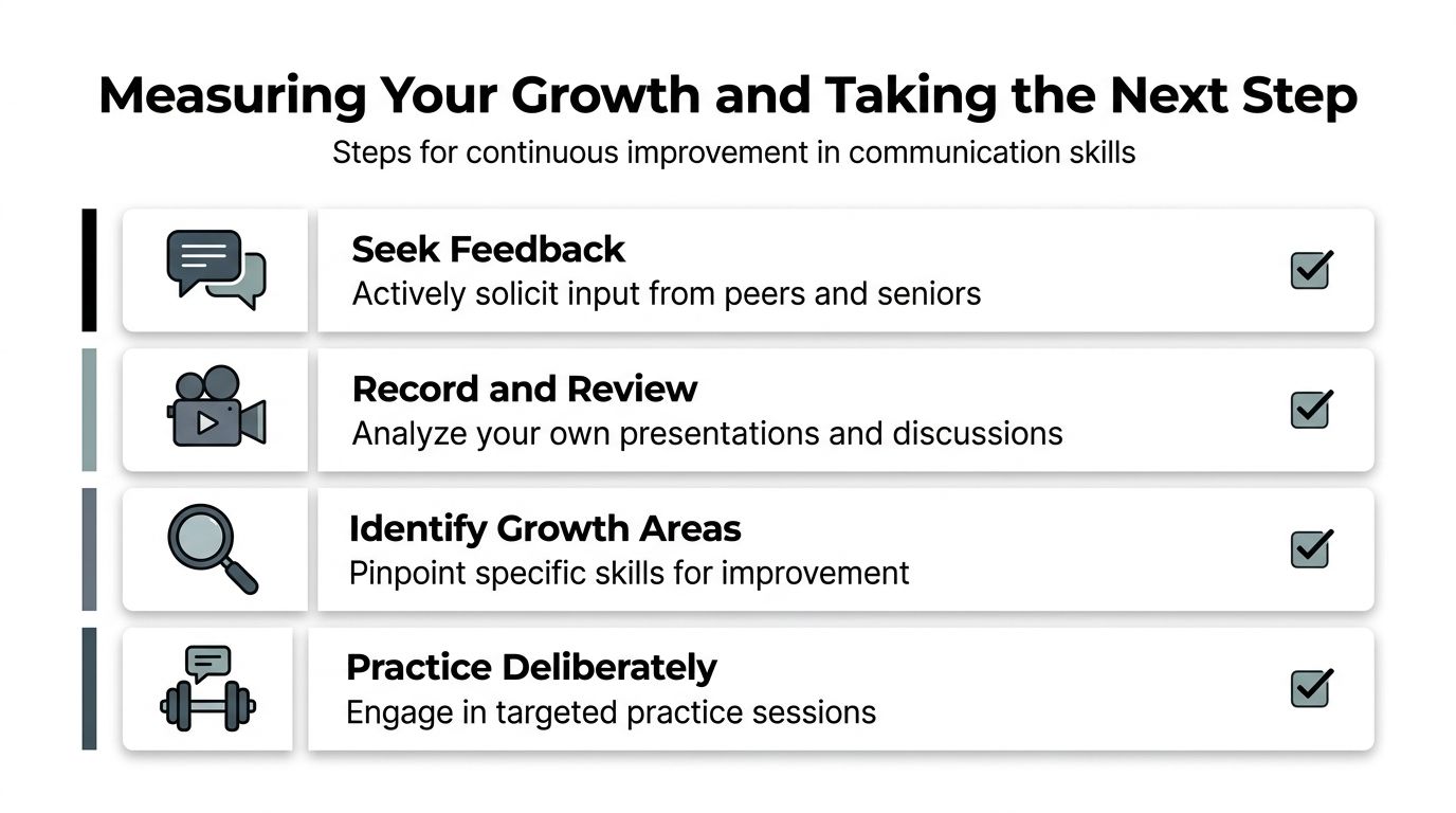 An infographic showing four steps to improve communication skills, including seeking feedback and deliberate practice.