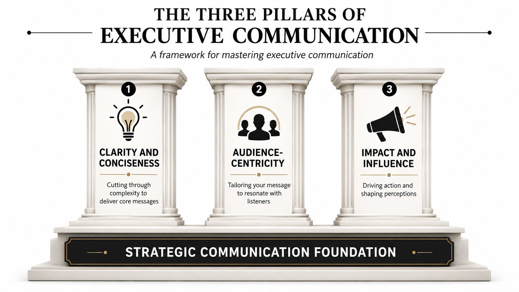 A graphic illustration depicting the three pillars of executive communication, clarity and conciseness, audience-centricity, and impact and influence.