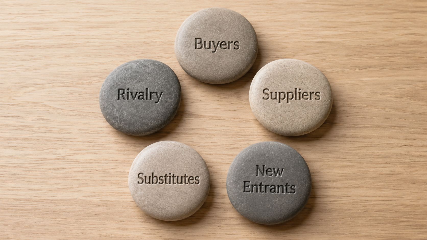 Five smooth river stones arranged in a circle, each labeled with Porter's Five Forces business concepts.