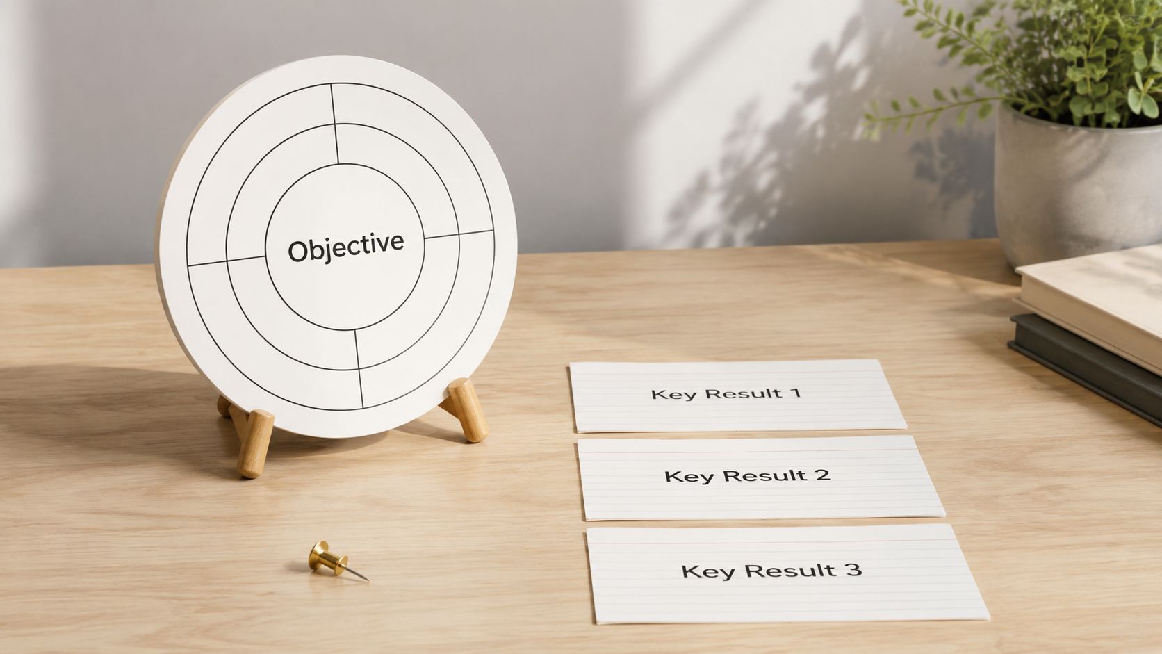 A wooden desk featuring a target board labeled Objective and three cards labeled Key Results