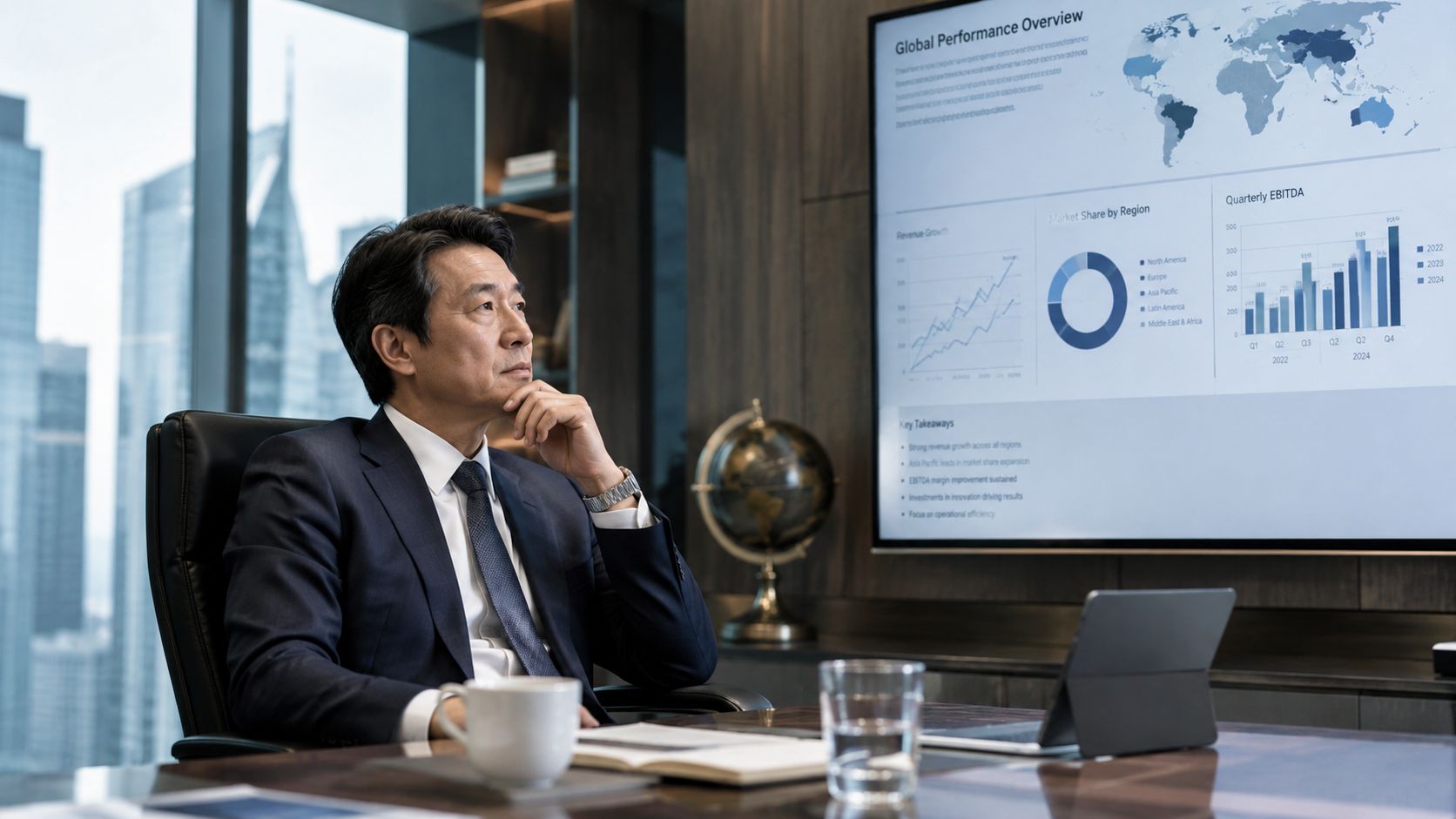 An Asian businessman in a suit sitting at his desk, contemplating data charts displayed on a large screen.