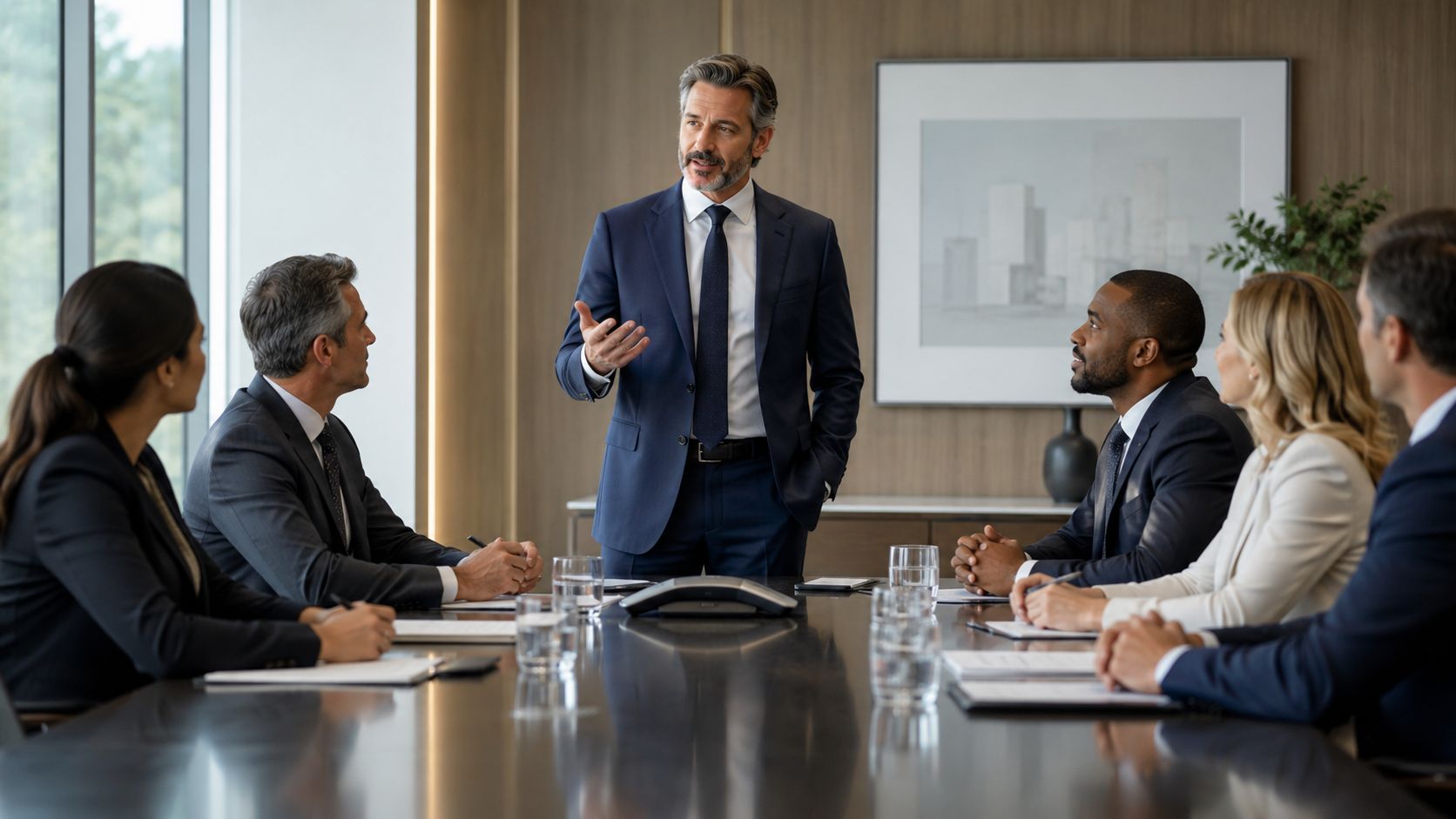 A professional business team having a serious meeting in a modern, well-lit conference room.