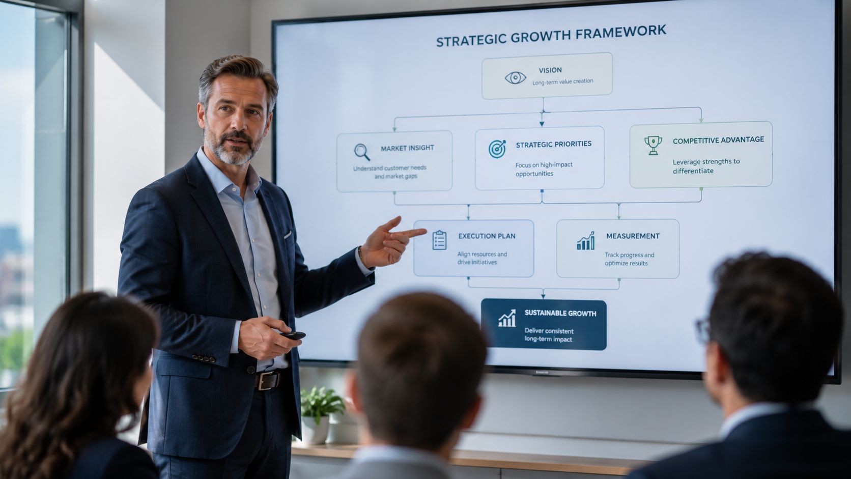A professional business executive presenting a strategic growth framework to his team in a modern office meeting room.