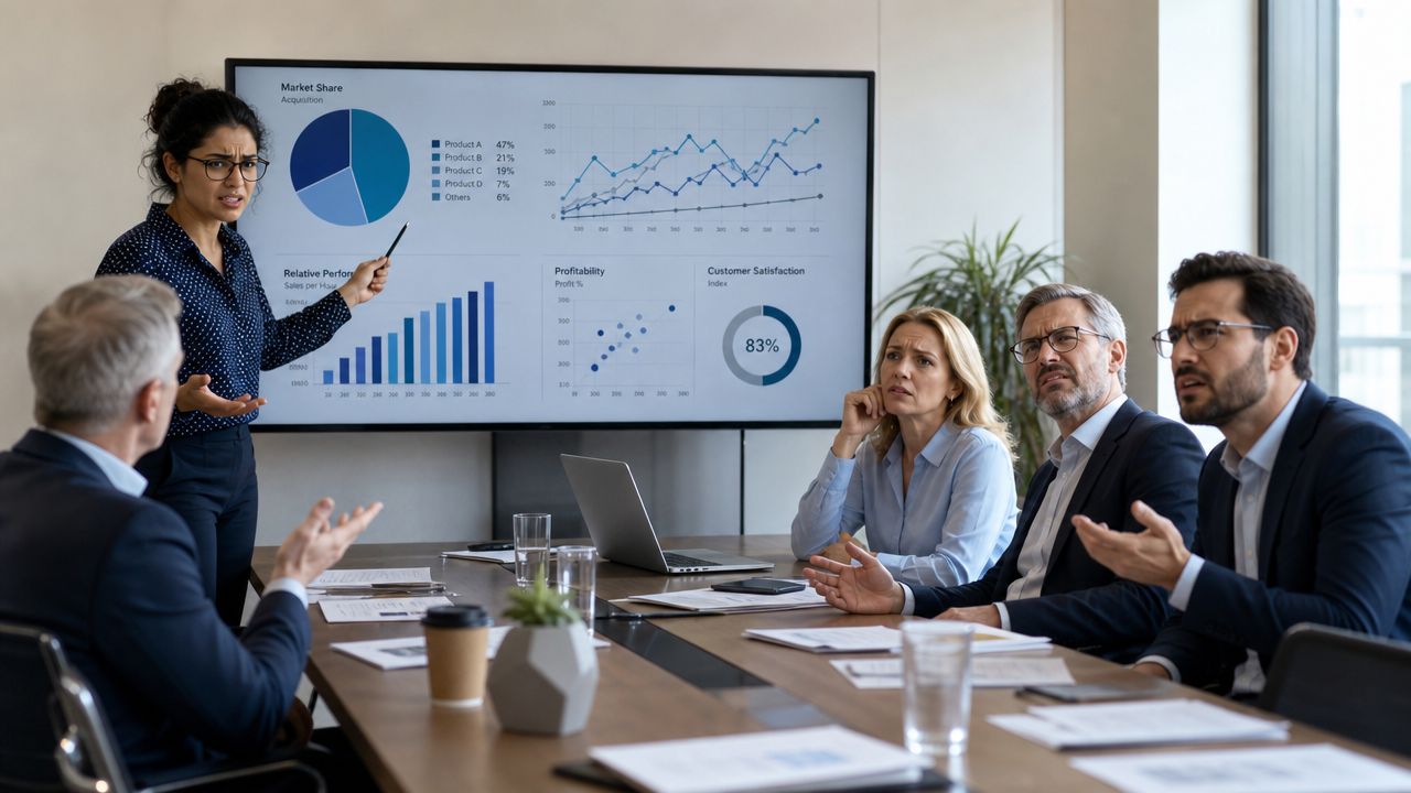 A professional team discussing business strategies during a tense office meeting with data charts displayed on screen.