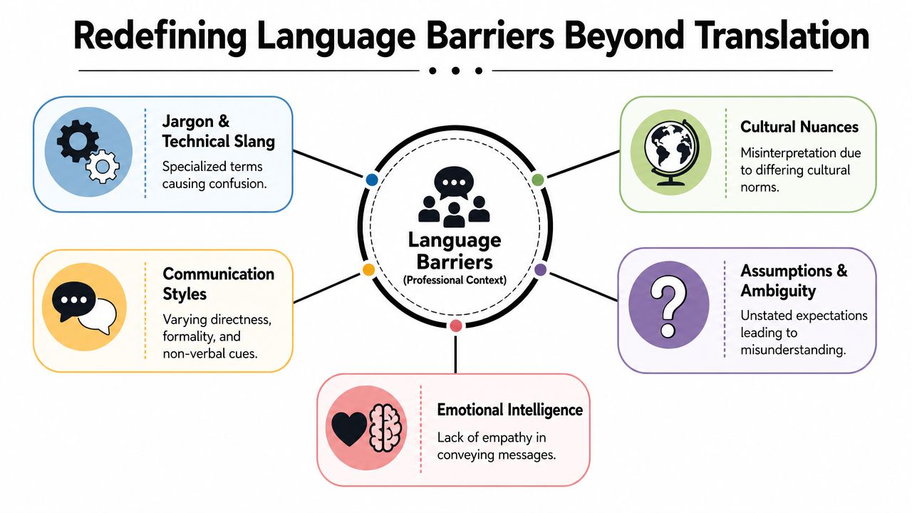 A diagram illustrating five key types of professional language barriers beyond simple translation, including cultural and emotional factors.
