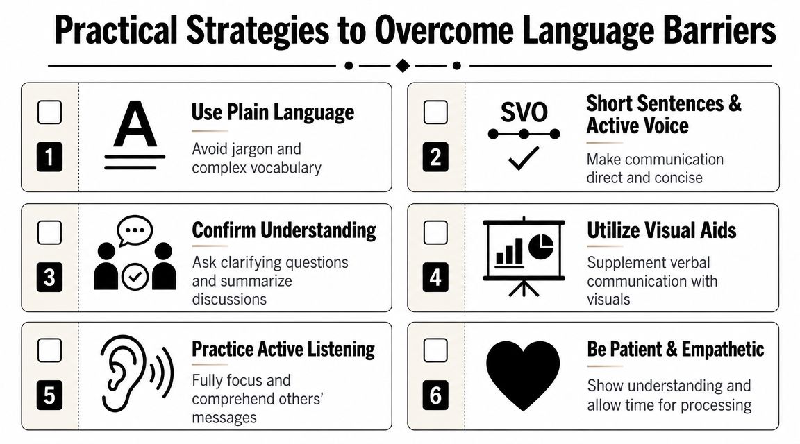 A infographic listing six practical strategies to overcome language barriers for better communication and understanding.